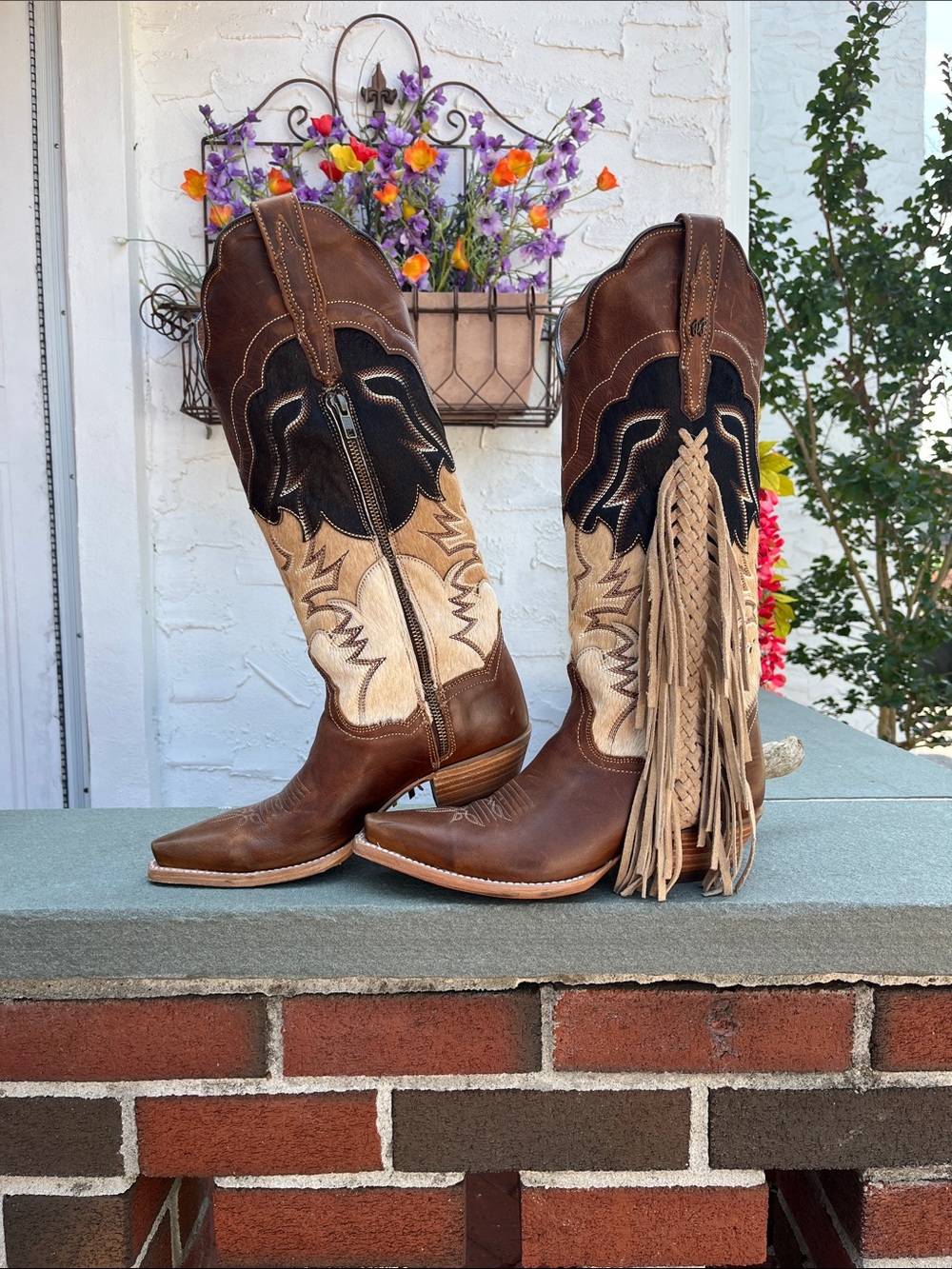 Dan Post “Dayla” Brown Black Tan Leather Fringe Western Heeled Boots Sz9